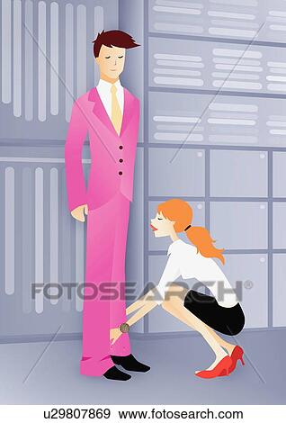 Stock Illustration - Young man trying on pink suit in a clothes store. Fotosearch