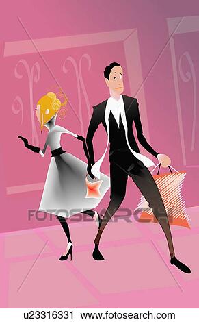 Clip Art - Young man trying to pull partner away from shops. Fotosearch