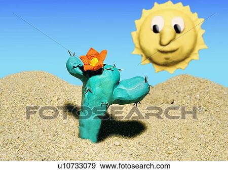 Stock Illustration - Cactus in the desert with sun. Fotosearch