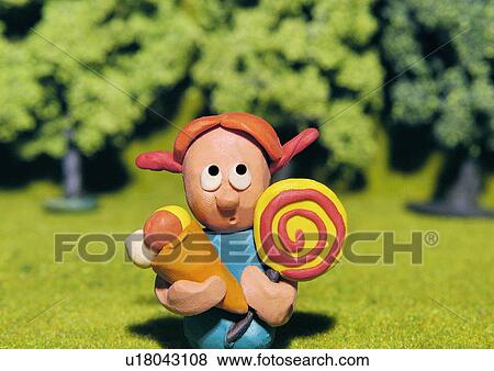 Stock Illustration - Girl with ice cream and lollipop in park. Fotosearch