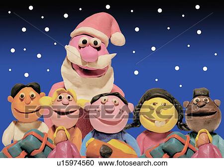 Santa Claus with children and presents View Large Illustration Clipart - Santa Claus with children and presents. Fotosearch