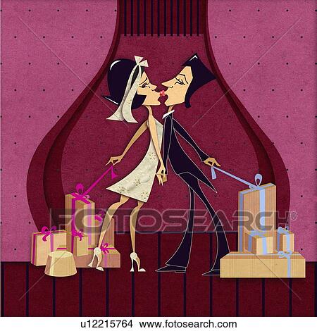 Stock Illustration - Bride and groom kissing and opening presents. Fotosearch