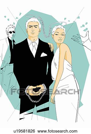 Stock Illustration - Bride and groom, man in background. Fotosearch