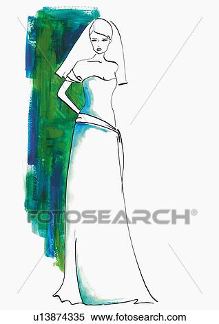Stock Illustration - Bride posing in her wedding dress. Fotosearch