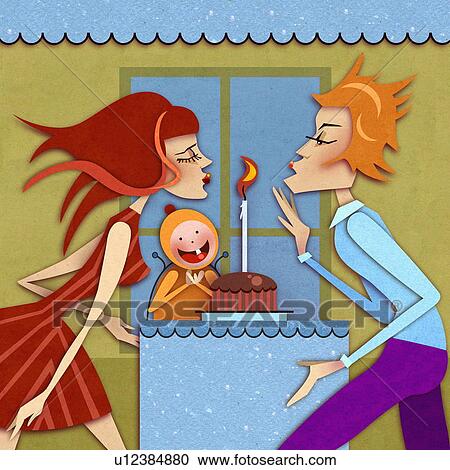 Clipart - Couple celebrating one year old baby's birthday. Fotosearch