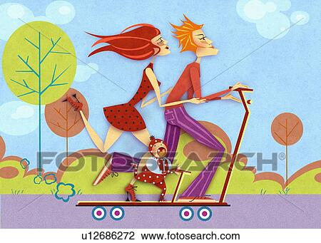 Couple skateboarding with baby View Large Illustration Drawing - Couple skateboarding with baby. Fotosearch