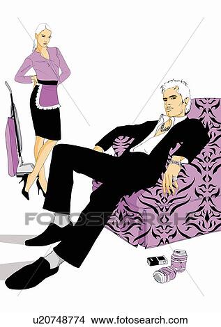 Stock Illustration - Man on armchair, woman in background with vacuum cleaner. Fotosearch
