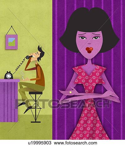Drawing - Man on phone, woman upset. Fotosearch