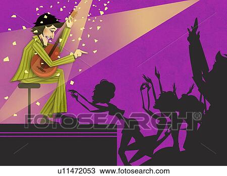 Drawing - Man playing guitar on stage with people dancing. Fotosearch