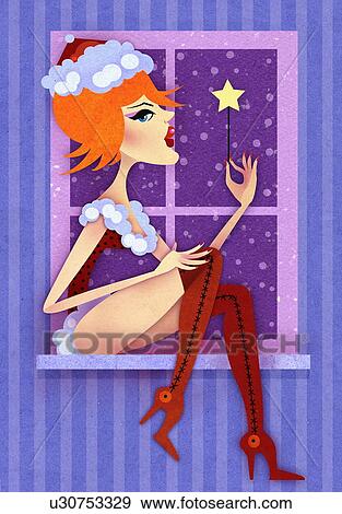 Stock Illustration - Sexy woman in window in Santa Claus outfit. Fotosearch