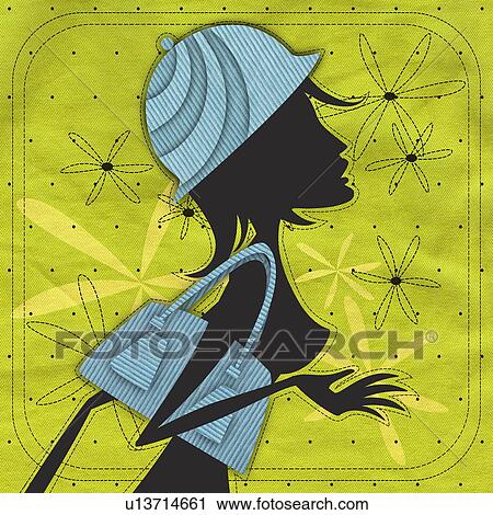 Silhouette of woman wearing matching hat and purse View Large Illustration Clip Art - Silhouette of woman wearing matching hat and purse. Fotosearch