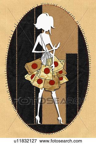 Stock Illustration - Silhouette of young woman with many shopping bags. Fotosearch