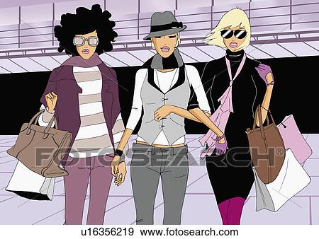Stock Illustration - Three women shopping together. Fotosearch