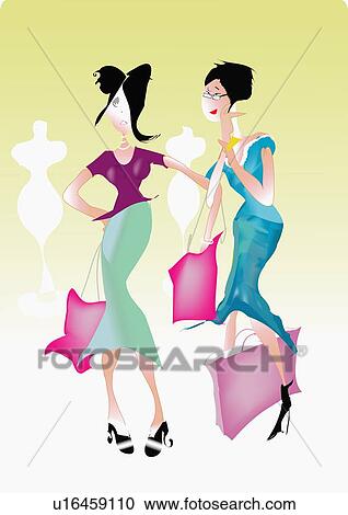 Two women with shopping bags View Large Illustration Clipart - Two women with shopping bags. Fotosearch