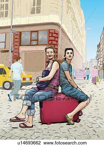 Drawing - Two young women sitting on suitcase. Fotosearch