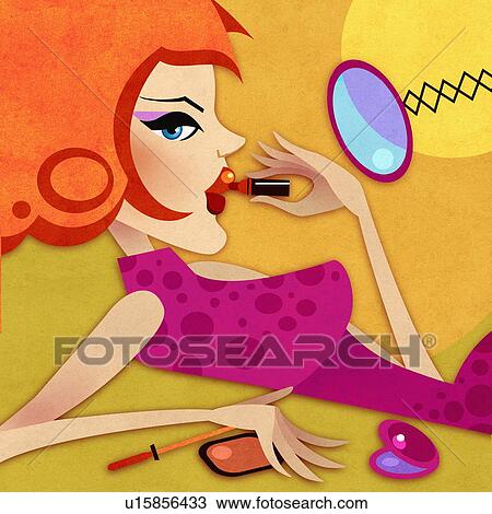 Drawing - Woman applying lipstick. Fotosearch