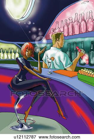Woman at a bar with a martini, bar tender in background View Large Illustration Stock Illustration - Woman at a bar with a martini, bar tender in background. Fotosearch