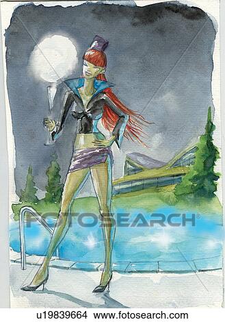 Stock Illustration - Woman at pool with a cocktail. Fotosearch
