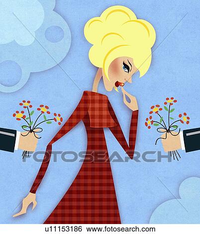 Stock Illustration - Woman being offered flowers by two men. Fotosearch