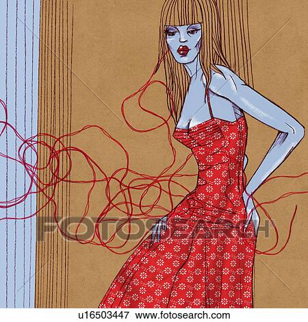Woman in a red dress with flower pattern View Large Illustration Stock Illustration - Woman in a red dress with flower pattern. Fotosearch