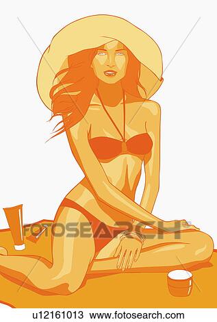 Woman in bikini on towel View Large Illustration Drawing - Woman in bikini on towel. Fotosearch