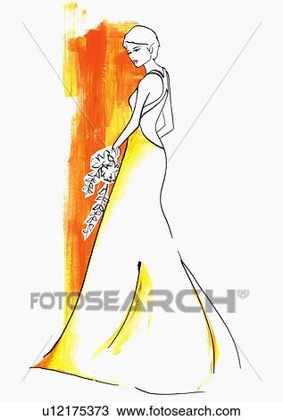 Woman posing in her dress and bouquet View Large Illustration Drawing - Woman posing in her dress and bouquet. Fotosearch
