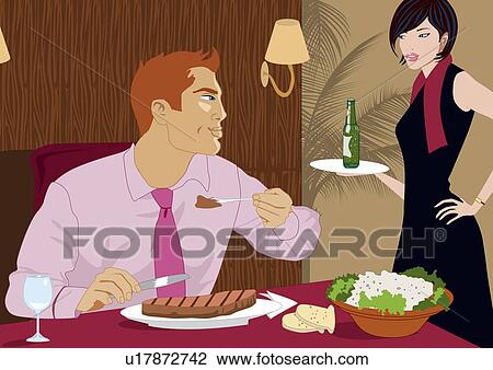 Woman serving a beer to man View Large Illustration Drawing - Woman serving a beer to man. Fotosearch