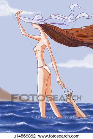 Drawing - Woman wading in water ignoring man drowning. Fotosearch