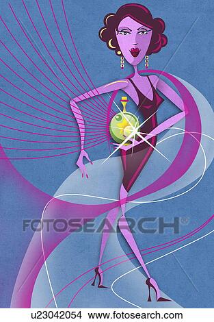 Woman wearing a purple dress holding a bottle View Large Illustration Stock Illustration - Woman wearing a purple dress holding a bottle. Fotosearch