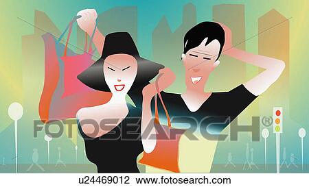 Drawing - Young couple smiling with shopping bags. Fotosearch