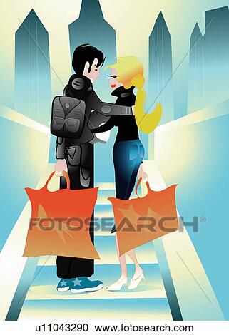 Clipart - Young couple walking with their shopping bags. Fotosearch