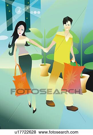Stock Illustration - Young couple walking with their shopping bags holding hands. Fotosearch