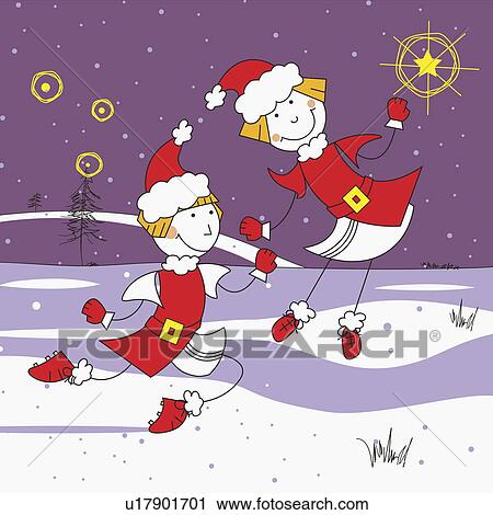 Clip Art - Young male and female Santa Claus dancing in snow. Fotosearch