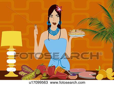Drawing - Young woman at a buffet table. Fotosearch
