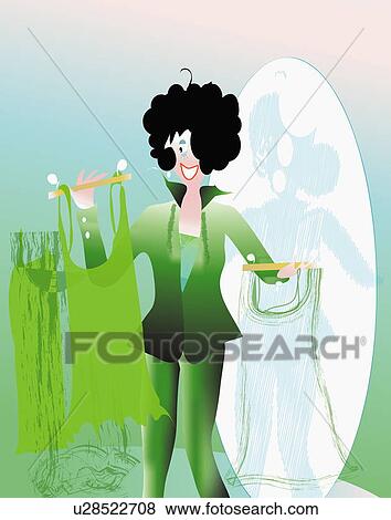 Stock Illustration - Young woman choosing clothes in a store. Fotosearch