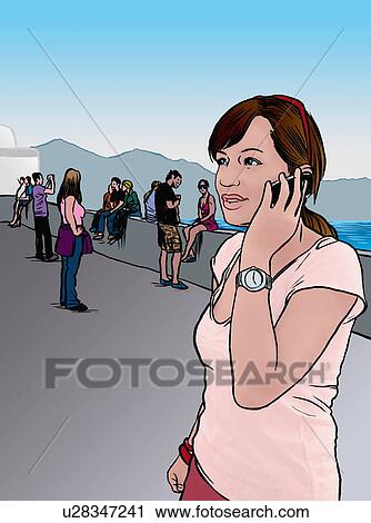 Clip Art - Young woman hanging out on cell phone. Fotosearch