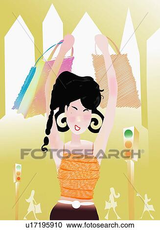 Clipart - Young woman holding up many shopping bags. Fotosearch
