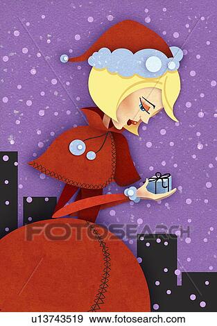 Stock Illustration - Young woman in red outfit with present. Fotosearch