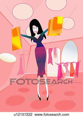 Young woman in store holding up many shopping bags View Large Illustration Drawing - Young woman in store holding up many shopping bags. Fotosearch