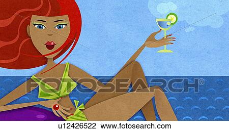 Young woman on beach with cocktail View Large Illustration Drawing - Young woman on beach with cocktail. Fotosearch