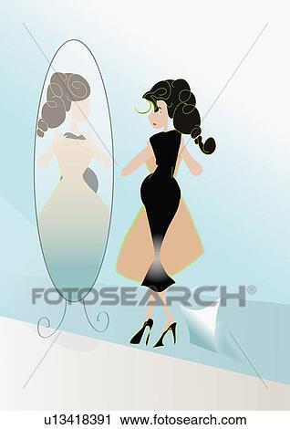 Young woman trying on dress View Large Illustration Clip Art - Young woman trying on dress. Fotosearch