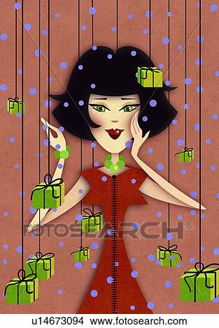 Stock Illustration - Young woman with many presents hanging on strings. Fotosearch