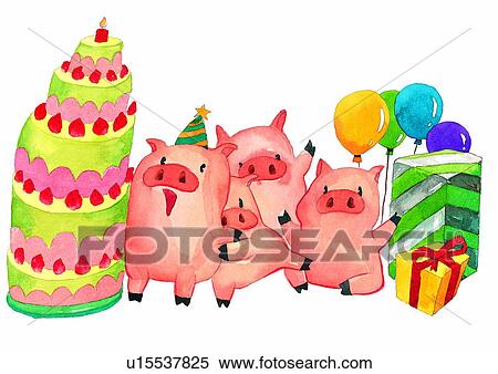 birthday, painting, cake, balloon, watercolor, pig View Large Illustration Stock Illustration - birthday, painting, cake, balloon, watercolor, pig. Fotosearch