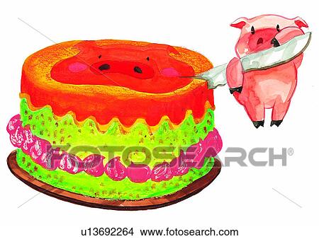 cake, birthday, watercolor, pig, painting View Large Illustration Stock Illustration - cake, birthday, watercolor, pig, painting. Fotosearch