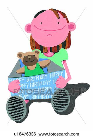 Stock Illustration - child, bear, watercolor, painting, birthday, toy. Fotosearch