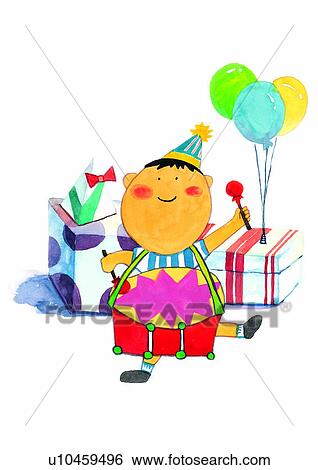 Stock Illustration - painting, birthday, gift, boy, child, watercolor. Fotosearch