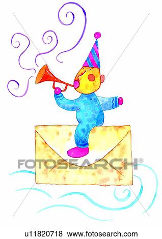 Stock Illustration - painting, horn, watercolor, birthday, child. Fotosearch