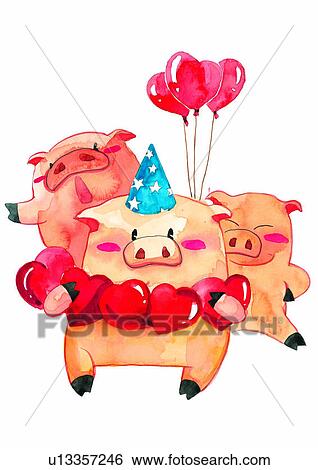 Stock Illustration - painting, pig, birthday, watercolor. Fotosearch