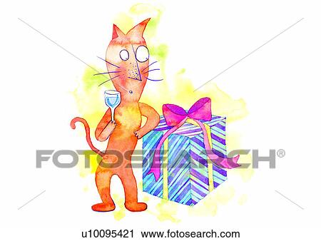 Clip Art - painting, watercolor, birthday, cat, gift, present. Fotosearch