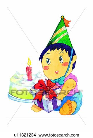 Stock Illustration - painting, watercolor, birthday, child, wish, cake. Fotosearch